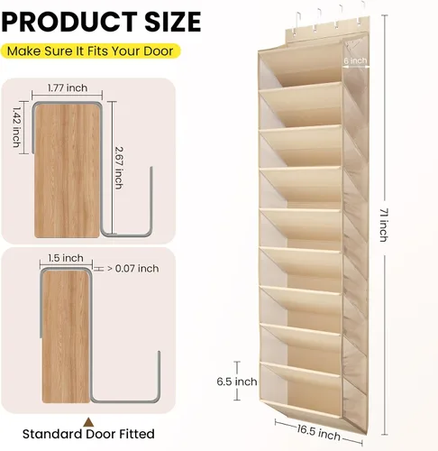 Vista 5 de Organizador de Zapatos Transparente de 10 Niveles Sobre la Puerta con Bolsillos Profundos, Estante de Zapatos de Puerta con Tubo Duro para Mantener