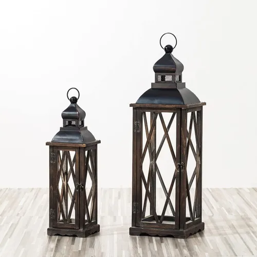 Vista 8 de Glitzhome Juego de 2 faroles decorativos de madera y metal para colgar en el patio, color negro (sin vidrio)