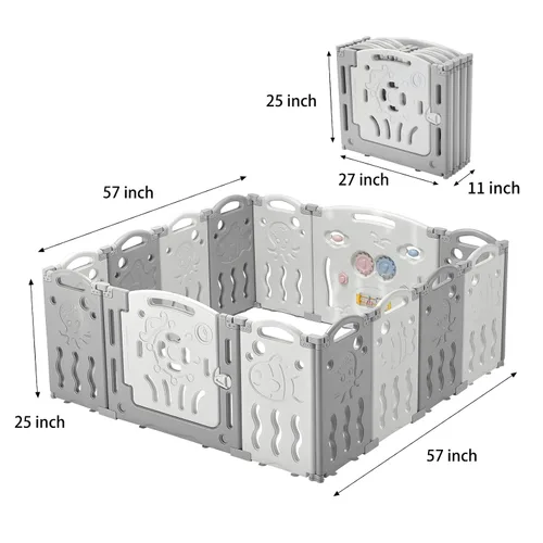 Vista 15 de Albott Corralito para bebés, valla plegable mejorada de 14 paneles con panel de juego y puerta de seguridad, forma ajustable, patios de juegos Gris