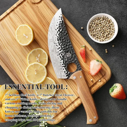 Vista 8 de Set de 3 cuchillos de carnicero, incluye cuchillo de carnicero de 17,8 cm, cuchillo de chef serbio de 17,8 cm y cuchillo vikingo de 16,5 cm, juego