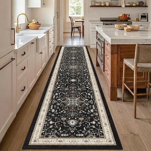 Vista 2 de nesrt Alfombra bohemia lavable de 2 x 10 pies, suave, antideslizante, extra larga, alfombra de cocina, color negro, vintage, geométrico, camino