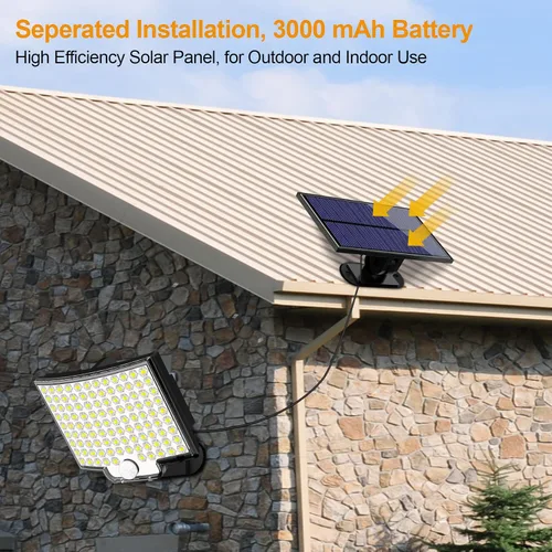 Vista 2 de Luces solares para exteriores, 106 LED 3000LM con sensor de movimiento, luces de inundación solares alimentadas por energía solar con control
