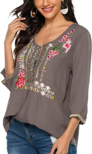 Vista 9 de AK Women's Boho Embroidered Tops 3/4 Sleeve Mexican Peasant Shirts Bohemian Loose Tunic Blouses 355-negro