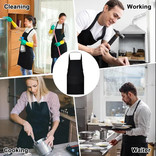 Vista 7 de smilixin Paquete de 12 delantales con peto, delantales negros con 2 bolsillos, delantales lisos unisex negros con lazos largos, delantales de cocina