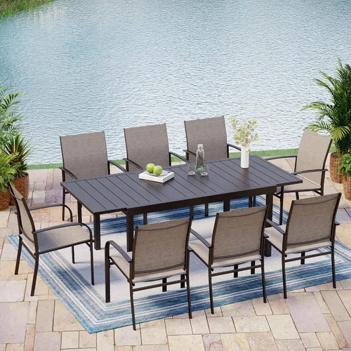 Vista 10 de MIXPATIO - Juego de comedor de patio de 9 piezas, mesa cuadrada de metal de 57.5 pulgadas, 8 sillas de textileno Azul