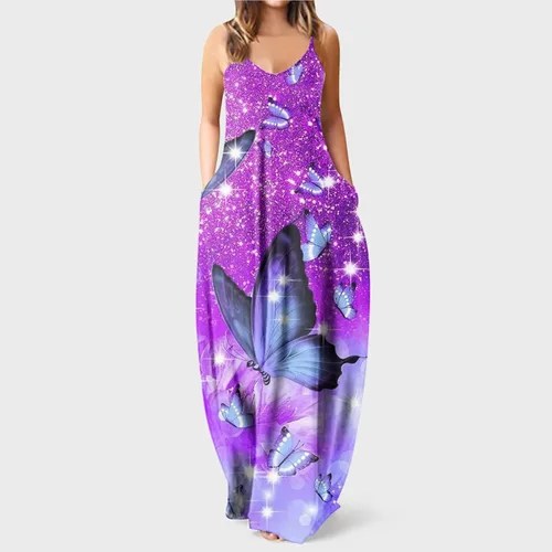 Vista 2 de Women's Spring Fashion 2023 Dresses Casual Butterfly Print V-Neck Sleeveless Long Dress Dresses