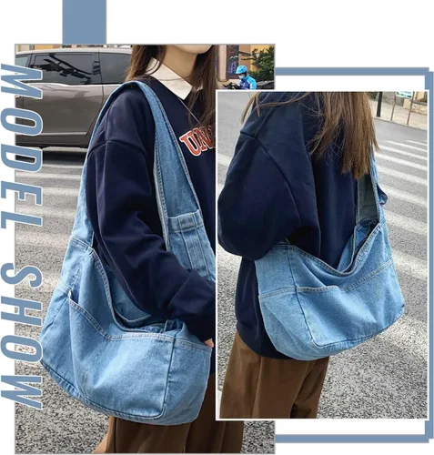 Vista 6 de Bolsas de mezclilla estilo hobo para mujer, estilo retro, para el hombro, estilo casual, para adolescentes, niñas