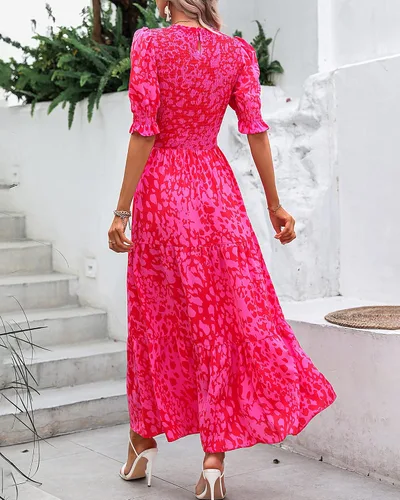 Vista 73 de BTFBM Vestidos para mujer, cuello redondo, casual, de verano, con volantes, manga corta, bohemio, con niveles, fruncido, largo, con estampado floral