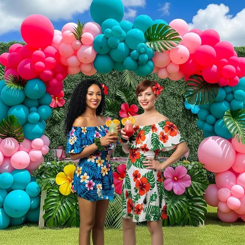 Vista 2 de Kit de arco de guirnalda de globos tropicales de 122 piezas con hojas de Monstera – Globos de color rosa intenso verde azulado azul para verano