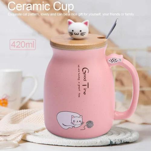 Vista 2 de TOPINCN Taza de cerámica con diseño de gato lindo con cuchara y tapa de madera, taza de té y agua para leche para oficina en casa (12.8 fl oz)