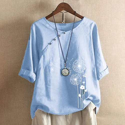Vista 2 de DASAYO Blusas casuales de algodón y lino para mujer, con manga de codo, cuello redondo, blusas casuales, de gasa, a la moda, para salir