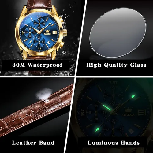 Vista 6 de OLEVS Watch Men Leather Chronograph Waterproof Luxury Dress Analog Quartz Azul