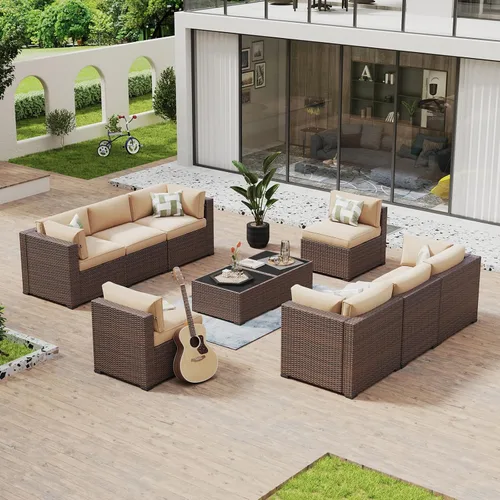Vista 10 de Aoxun - Juego de 7 piezas de muebles de patio de mimbre de ratán, conjunto de sofá modular para conversación de patio con mesa de café y cojines
