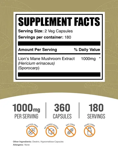 Vista 2 de BulkSupplements. com Cápsulas de extracto de hongo melena de león – Suplemento de hongos, suplemento cerebral para apoyo de memoria y concentración
