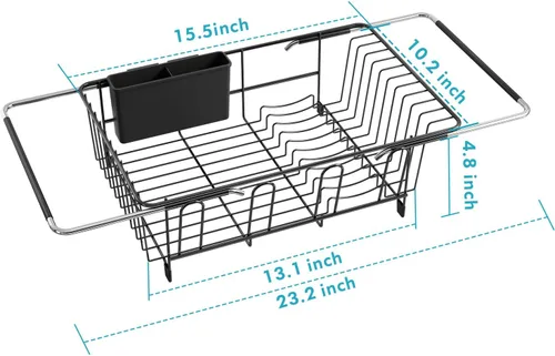 Vista 6 de Estante de secado de platos expandible sobre el fregadero en acero inoxidable para cocina pequeña, escurridor de platos moderno y compacto de metal