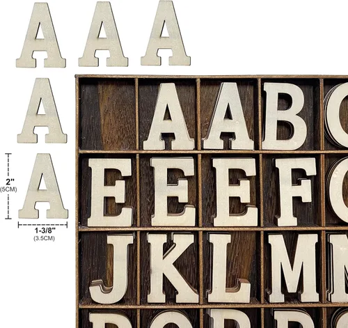 Vista 2 de 205 letras de madera de 2 pulgadas para manualidades, organizadas con letras extra comunes