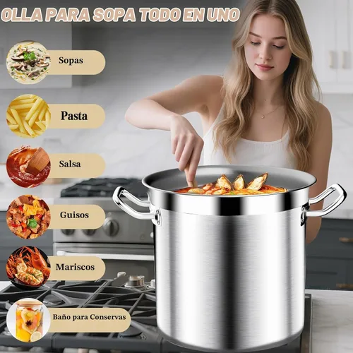 Vista 4 de Olla de acero inoxidable de 20 cuartos de galón con tapa, olla grande – Ollas de grado comercial de tres capas resistentes para hervir sopa