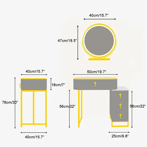 Vista 7 de Juego de mesa de tocador de maquillaje con 3 modos, espejo iluminado ajustable, 5 cajones, mesa de maquillaje con taburete acolchado suave, tocador