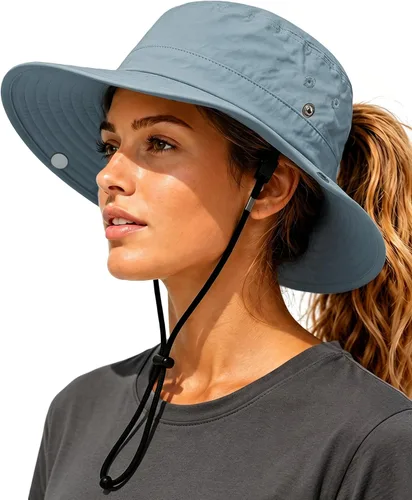 Vista 9 de Sombrero de sol para mujer con agujero para cola de caballo, ala ancha, UPF 50+, impermeable, plegable, con correa para la barbilla, para Blanco