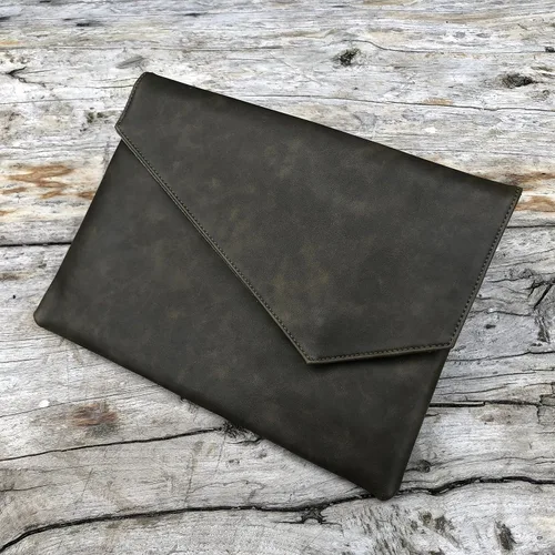 Vista 8 de Vintage pu cuero 13.5 "negocios embrague sobre bolsa documentos certificado portátil manga caso oficina carpeta de archivo, Verde militar