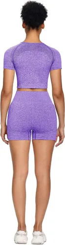Vista 6 de Sytiz Conjunto de 2 piezas de yoga sin costuras para mujer, pantalones cortos de gimnasio y camiseta corta de manga corta