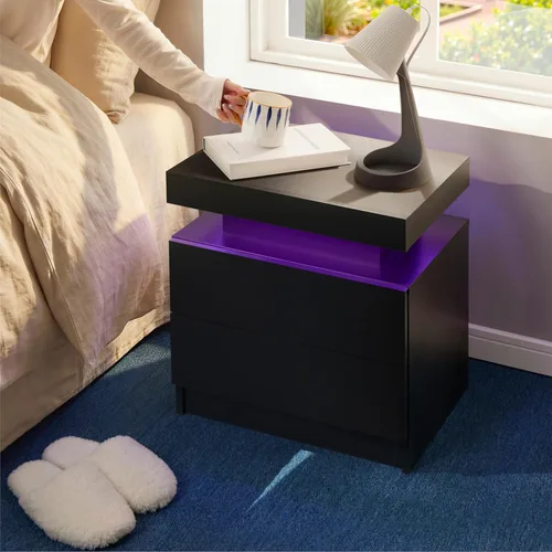 Vista 6 de Generic Juego de 2 Mesitas de noche con 2 cajones, mesa de noche con cajones para muebles de dormitorio, mesa auxiliar con luz LED, color negro