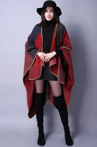 Vista 3 de Chal de punto para mujer, a cuadros, con parte delantera abierta, tipo poncho, tipo capa envolvente