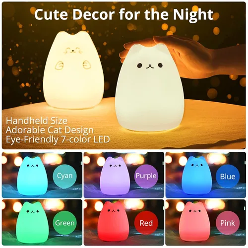 Vista 2 de Lámpara LED de mesilla de noche con forma de gato, multicolor silicona suave para habitación del bebé, control, blanco cálido y 7 modos de luz