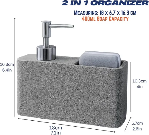 Vista 2 de Havara - Dispensador de jabón para platos de resina de granito con soporte para esponja, gris piedra Kitchen Soap Dispenser & Sink Organizer for