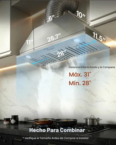 Vista 5 de VEVOR Campana de Ventilación Integrada, 800CFM 3-Velocidades, Campana de Cocina de Acero Inoxidable de 36 Pulgadas con Control de Botón de Impulso