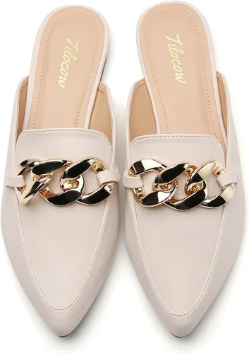 Vista 6 de Tilocow Mules para mujer Zapatos planos para mujer, elegantes y cómodos, con cadena de metal, sin espalda, zapatos de moda 2023