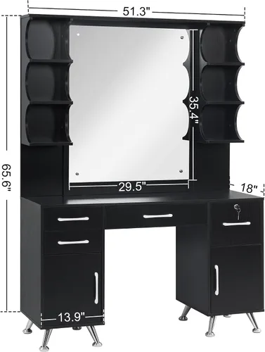 Vista 7 de BarberPub Set de tocador con espejo Maquillaje Mesa Spa Belleza Styling Barber Station Equipo 3143 (negro)