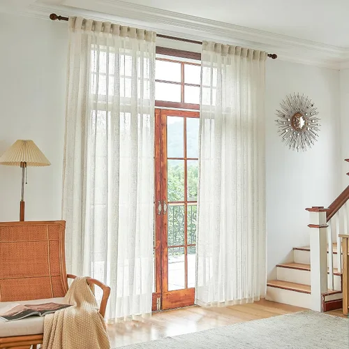 Vista 10 de 2 paneles de cortinas de lino transparente natural de 45 pulgadas, color beige para ventanas pequeñas, bolsillo con pestaña trasera, cortinas cortas