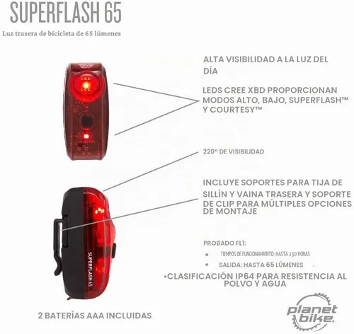Vista 8 de Planet Bike Superflash 65 - Luz trasera para bicicleta, color rojo y negro