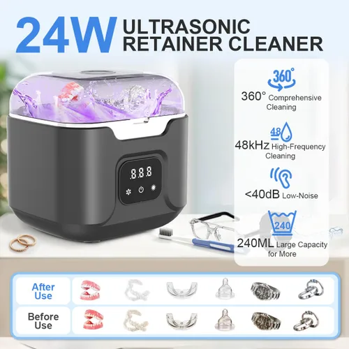 Vista 8 de Ultrasonic Retainer Cleaner Machine, 48kHz Ultrasonic Dentures Cleaner with Timer & 4 Modes, 240ML Dental Pod for Mouth Guards, Braces, Aligner