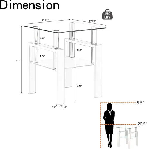Vista 2 de Juego de 2 mesas auxiliares de cristal, mesa auxiliar pequeña de 2 niveles con parte superior de vidrio templado y patas de metal, mesa de esquina