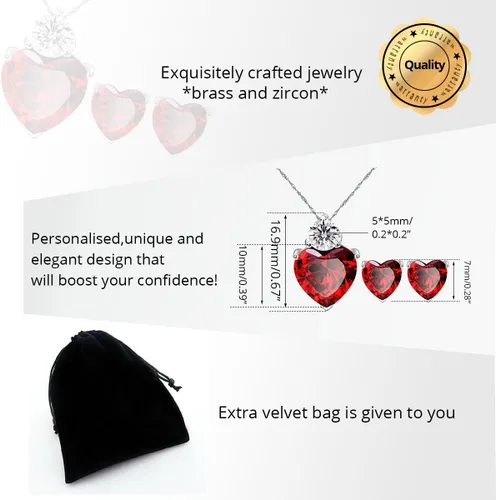 Vista 7 de Uloveido Collar de corazón de cristal rojo y pendientes conjunto de joyas de boda para mujeres BME53