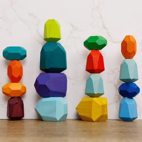 Vista 8 de Cllayees 16 piezas de bloques apilables de madera, rocas de construcción, piedras de madera maciza de colores, juegos educativos preescolares