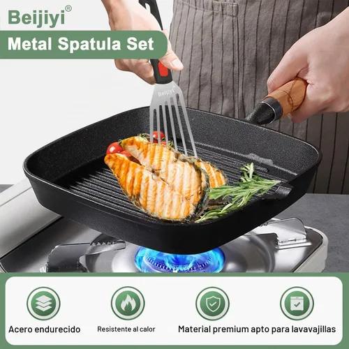 Vista 2 de Conjunto de Espátulas de Acero Inoxidable Beijiyi, Espátula Metálica Pequeña y Resistente para Cocinar Sartén de Hierro Fundido con Mango