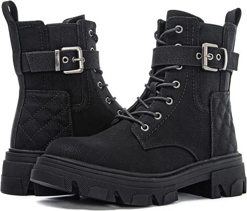 Vista 2 de GLOBALWIN Botas de combate para mujer, botas con cordones para mujer, botines para mujer, tacón bajo