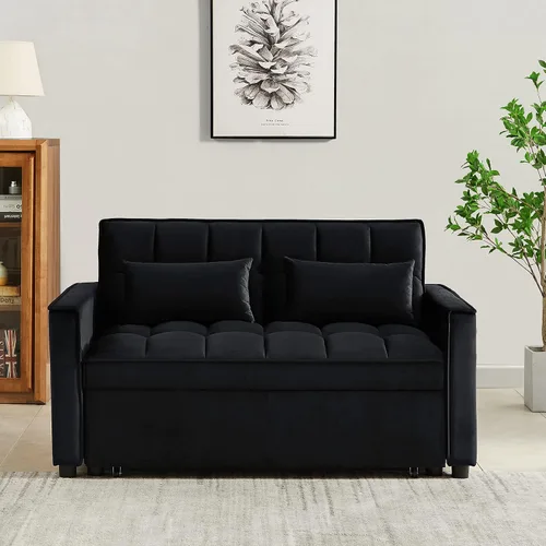 Vista 4 de Sofá cama biplaza de terciopelo convertible y moderno con cama desplegable, respaldo ajustable y 2 almohadas lumbares, para espacios pequeños