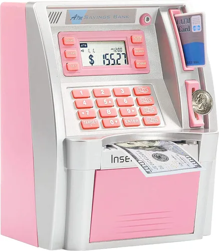 Vista 8 de Alcancía estilo cajero automático para dinero real para niños y adultos, alcancía de juguete con tarjeta, contraseña, reconocimiento de monedas