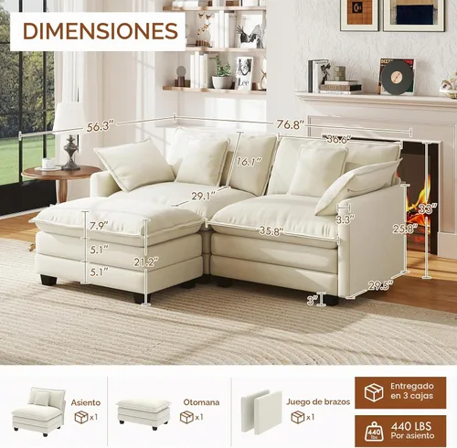 Vista 2 de WorthFurni - Sofá de nube en forma de L de 77 pulgadas, sofá modular con otomana, cómodo sofá biplaza de felpilla con almohada para sala de estar