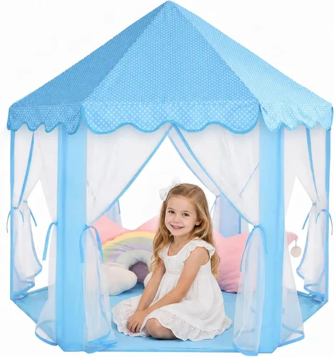 Vista 7 de Sumbababy - Tienda de campaña de castillo de princesa para niñas, de juego, hexagonal, azul, con luces de estrella de hadas, juguetes para niños