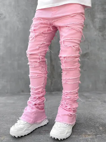 Vista 2 de Jeans apilados para hombre, ajustados, rasgados, elásticos, desgastados, rectos, pantalones de mezclilla hip hop, ropa de calle