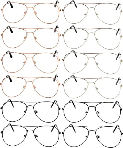 Vista 18 de OWL Paquete de 12 lentes de sol de aviador a granel de metal dorado, plateado, marco negro para hombres y mujeres, gafas de fiesta