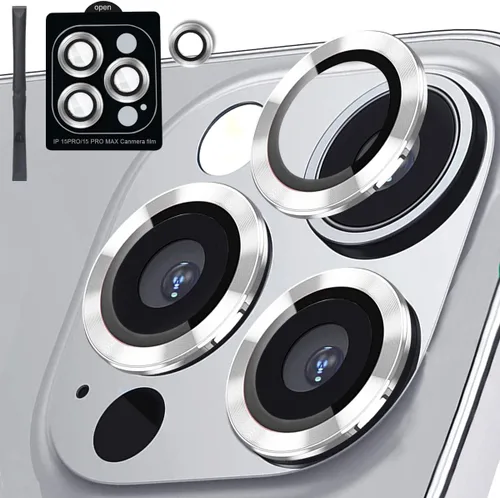 Vista 9 de [3+1] Compatible con iPhone 15 Pro y iPhone 15 Pro Max, protector de lente de cámara de vidrio templado 9H, anillo individual de metal, cobertura