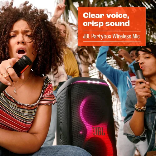 Vista 5 de JBL PartyBox Micrófono Inalámbrico - 2X Micrófonos Inalámbricos Digitales, Batería Recargable (20hrs - 700mAh), Voz Clara, Sonido Nítido, Conexión