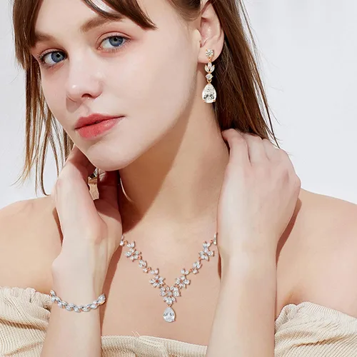 Vista 5 de Joyería de boda para novia, collar de novia de plata con circonita cúbica transparente, juego de joyas de novia para boda, fiesta de boda