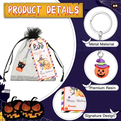 Vista 3 de Huquary 72 piezas de regalos de Halloween, juego de 24 regalos de Halloween para estudiantes, 24 llaveros de Halloween, llavero de calabaza